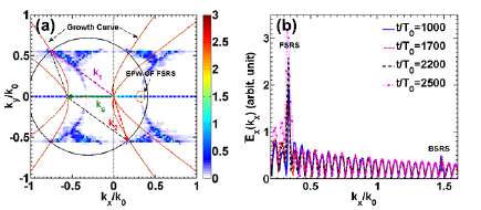 (a) The wave number spectrum of the longitudinal electric field E_x(k_x, k_y) at t = 2200T0. The colour bar is in arbitrary unit. (b) The wave number spectrum of the averaged longitudinal electric field \bar{E_x}(k_x) for different moments, where \bar{E_x}(x) is Ex(x,y) averaged along the y axis. The wave numbers of the FSRS and BSRS are noted in the figure.