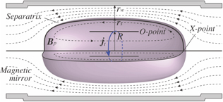 Schematic of magnetic configuration of FRC. An FRC has strong ion flow in the ion diamagnetic direction (same as the direction of jt ) which reaches the range of Alfvén velocity.