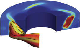 Three-dimensional snapshot of plasma density, representing the geometry of the simulation considered here. The surface depicted corresponds to the LCFS and a field line (black line) is superimposed.