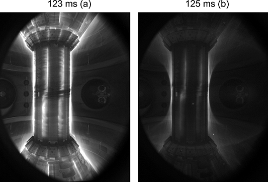 (a) Visible light image during L-mode at 123 ms; (b) visible light image observed during H-mode at 125 ms; pulse 9823.