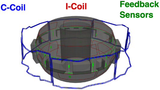 Magnetic sensors and coils used for RWM feedback control as represented in the VALEN model. The vacuum vessel mesh (grey) is shown along with the external C-Coils (blue), internal I-Coils (red), and magnetic sensors used for model based feedback control (green).