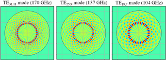 Electric field distributions of TE31,11, TE25,9, and TE19,7 modes in cavity resonator (radius 20.87 mm).