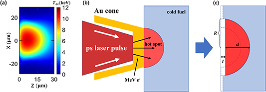 (a) A simulation result of electron-beam fast heating process by HEETS with the energy of ps laser {E_{ps}} = 40{\text{ kJ}}, FWHM= 20\,\mu{\text{m}} and pulse length \tau = 10{\text{ ps}}. (b) Schematic of fast ignition and preassembled model of a hemispherical hot spot in a semi-infinite fuel. (c) Schematic of the burn propagation and the hot spot collapse after a certain time. Here d is the distance between the burning wave front and rarefaction wave front, l is the propagation distance of the rarefaction wave and R is the radius of the hot spot during the burn propagation.