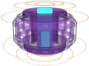 Visualization of the ThinCurr model of SPARC including the vacuum vessel (purple), poloidal field coils (orange), and the central solenoid coils (blue).