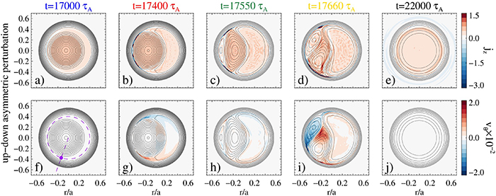 Evolution of the internal kink mode in the cylindrical tokamak (S = 10^8, M = 10^6) around the sawtooth relaxation event in figure 3. First row: axial component of the plasma current density together with the contour levels of the helical flux function with 1,1 helicity (black lines) are shown for different time snapshots. Plasmoid formation is observed at the tearing unstable current sheet on the q = 1 surface. Second row: poloidal component of the velocity field with the contour levels of the helical flux function. For the corresponding movie of the poloidal velocity component, see supplementary material S1.