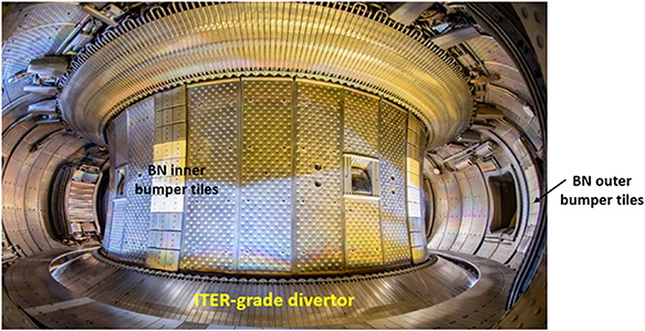 View of WEST in phase 2 configuration, with its full ITER-grade lower divertor, and boron nitride (BN) central tiles on the inner and outer bumpers.