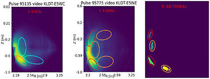 Examples of the double synchrotron pattern chain configuration before the collapse of the RE current in the pulses 95135 (left plot), 95775 (center plot) and 95776 (right plot). The snapshots are taken respectively 1 ms (95135), 0.4 ms (95775) and 0.36 ms (95776 ) before RE beam collapse. The left and center snapshots are respectively in the IR and visible spectra. The right plot is the visible image of the pulse 95776 after post-processing for enhancing the feature visibility.