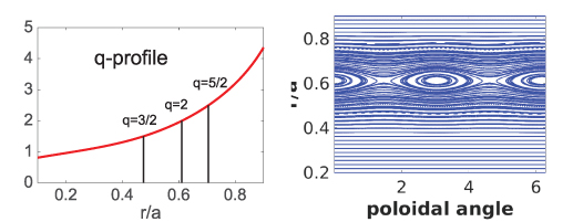 q-profile of a C-MOD L-mode plasma (left); Poincare plot (right) showing an imposed 2/1 island centered at q = 2 (at the normalized minor radius r/a = 0.61) in the simulations.