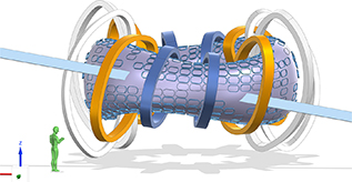 A CAD rendering of the superconducting coil set which produces the plasma equilibrium. The coil set is composed of planar, plasma-encircling coils (unique coils in white, orange, and blue) and planar shaping coils (rounded rectangles). The plasma is not visible, as 50 cm of blanket and structure lie between it and the shaping coils. The candidate beamline position is included (blue rectangular prism).