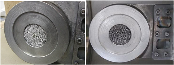 Investigated target before (left) and after (right) OLMAT exposure. The central circular mesh-like element is the W felt filled with liquid tin (CPS). It is surrounded by two annular TZM masks. The W LP tip is seen at the center. Significant visible changes are seen in the CPS morphology in the post-mortem picture.