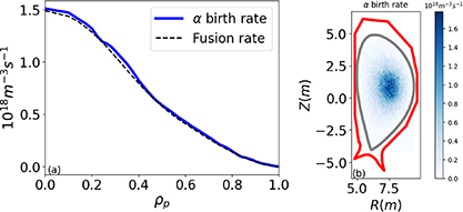 (a) Radial profile of fusion rate and α particle birth rate. Here α particle birth rate is obtained from Monte–Carlo samplings of the fusion rate. (b) Distribution of α particle birth rate in the poloidal plane.