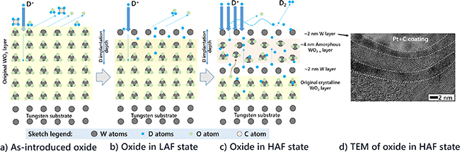 Schematic representation of the evolution of the WO3 oxide during D implantation/TPD experiments. (a) As-oxidized sample containing some water and hydrocarbons at the surface; (b) surface sputtering of the oxide irradiated at low accumulated fluence (LAF); (c) creation of an oxygen-enriched amorphous layer encapsulated between two oxygen-depleted W-rich layers when WO3 is irradiated at high accumulated fluence (HAF), as seen by the TEM observations shown in (d).
