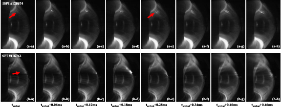 The process of pellet fragments entering the plasma during pre-TQ phase, captured by the fast visible camera at port J. Panels (a)–(a) to (a)–(h) correspond to shot #128674 with ISPI, and panels (b)–(a) to (b)–(h) correspond to shot #116762 with SPI.