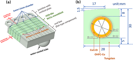 (a) The geometric model of a single CM in the OHT; (b) cross-sectional geometry of the W/Cu monoblock.