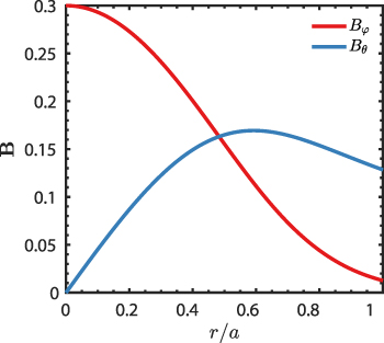 The toroidal and the poloidal components of the magnetic field as functions of the normalized radius r/a for the initial paramagnetic pinch equilibrium with a\lambda(0) = 3.8, where a is the minor radius of plasma.
