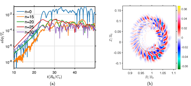 (a) Time evolution of the ITG turbulence amplitude δφ for modes with n = 0,\ 15,\ 20,\ 25,\ 30 in the absence of Er shear. (b) Two-dimensional poloidal contour of the perturbed electrostatic potential δφ at the nonlinear saturation time t = 26\ C_s/R_0, also without Er shear.