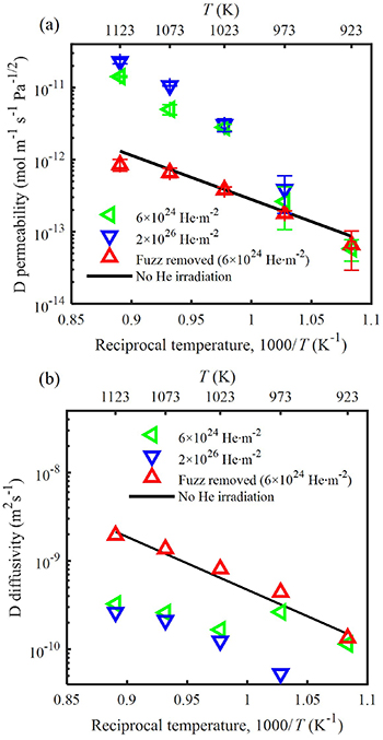 (a) The deuterium permeabilities of W after He irradiation. (b) The deuterium diffusivities of W after He irradiation. The permeability and diffusivity data of unirradiated W are referenced from our former study [22].