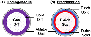Schematic of isotopologue fractionation in a cryogenic D–T target. (a) Target with homogeneous fuel. (b) Target affected by isotopologue fractionation.