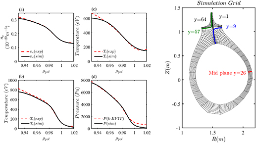 Simulation setup (a) Initial density profiles; (b) Initial electron temperature profiles; (c) Initial ion temperature profiles; (d) Initial pressure profiles; (e) Mesh grid utilized in simulation AUG #36 247, with y = 26 to be the outer Mid-Plane.