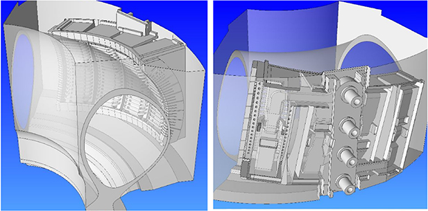 Section of the 3D model of the Alcator C-Mod vacuum vessel, containing the defeatured J-port field-aligned antenna, a section of coaxial transmission lines, the vacuum vessel wall, and selected plasma flux surfaces.