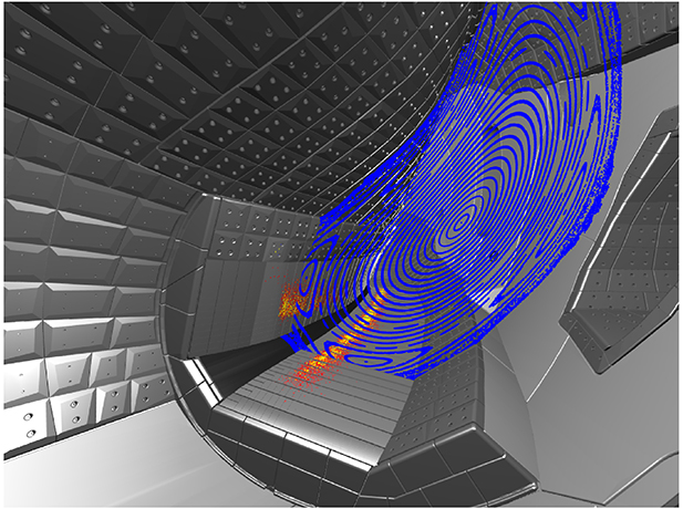 The W7-X divertor system with strike locations as found with field line diffusion for the ‘standard’ vacuum magnetic configuration. The overlay shows a Poincaré plot. The Poincaré shows the influence of the 5/5 magnetic island on the strike locations.