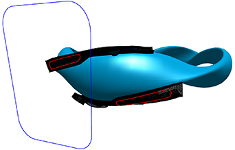 The trim coil (blue) and control coils (red) of a single divertor module of W7-X. The plasma of W7-X shown in light blue for reference.
