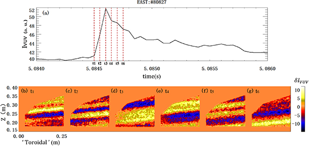 (a) Time history of VUVI emission intensity in an ELM crash, and (b)–(g) experimental image of filamentary structures captured by the VUVI system after subtraction.