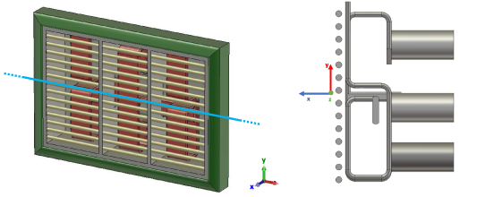 (a) Flat geometry of ICRH 3-strap antenna for DTT with the extraction line of the field component Ey. (b) Side view of the antenna and the extraction line of the field Ey.