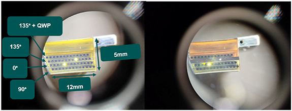 Photo of polarisers and quarter waveplate installed onto the MSE head. The photo on the right was taken placing a polariser foil between the observer and the optical head, in order to highlight the polariser width. It is also possible to notice that the polariser does not cover the light cone of fibres belonging to different rows.