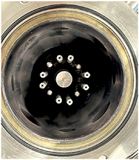 Open experimental chamber of the PFZ-200 plasma focus device operating at the Czech Technical University in Prague.